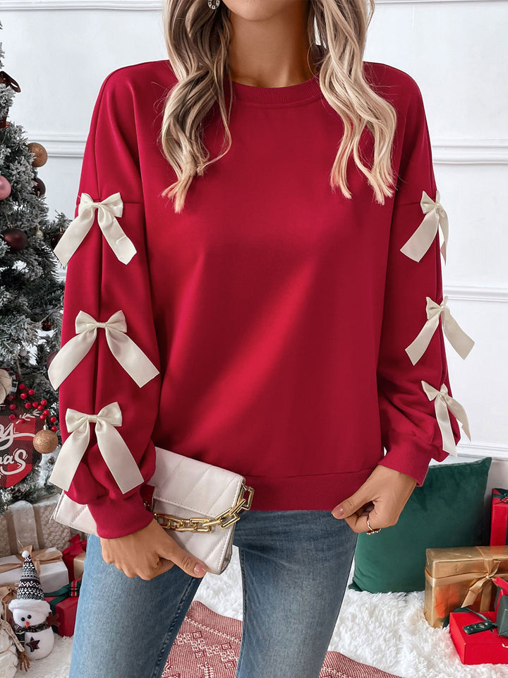 Red Full Sleeve Bow Trim Sweatshirt