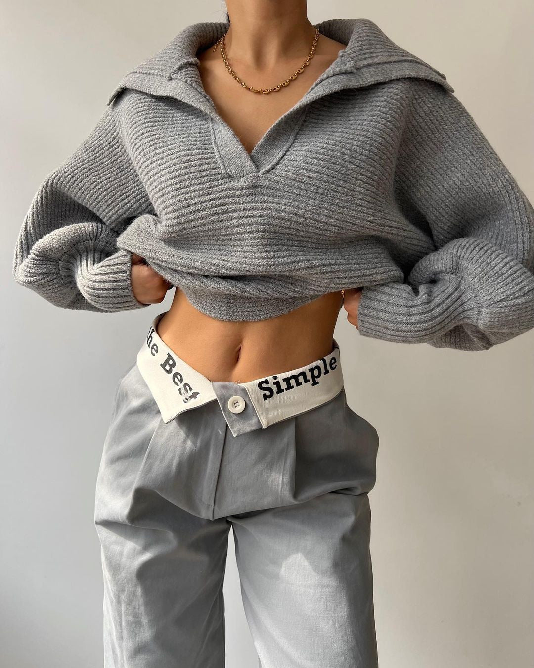 Grey Wide Collared Solid Sweater