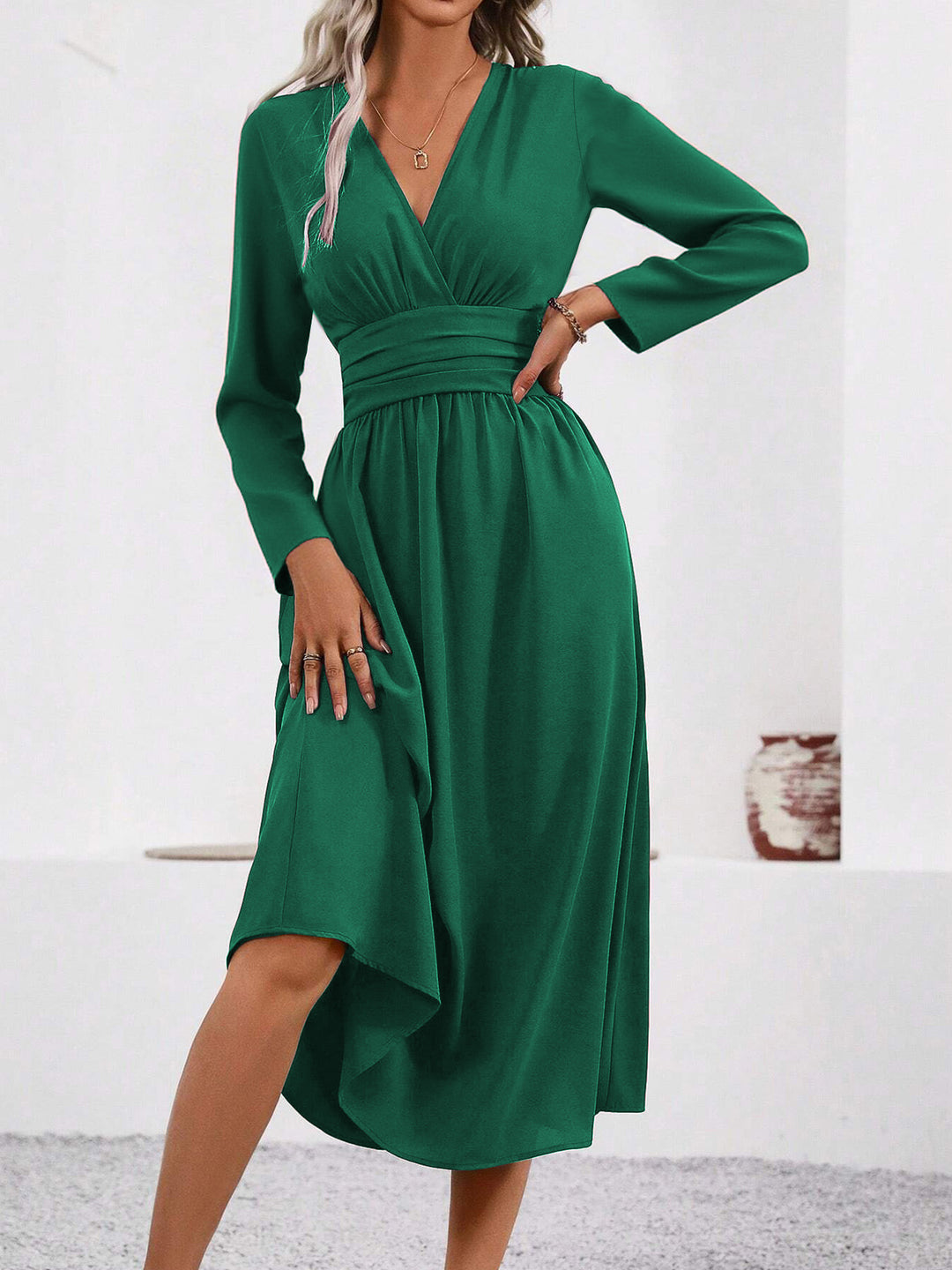 Forest Green Full Sleeve V Neck Flared Dress