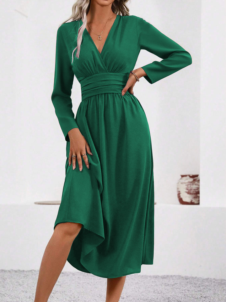 Forest Green Full Sleeve V Neck Flared Dress
