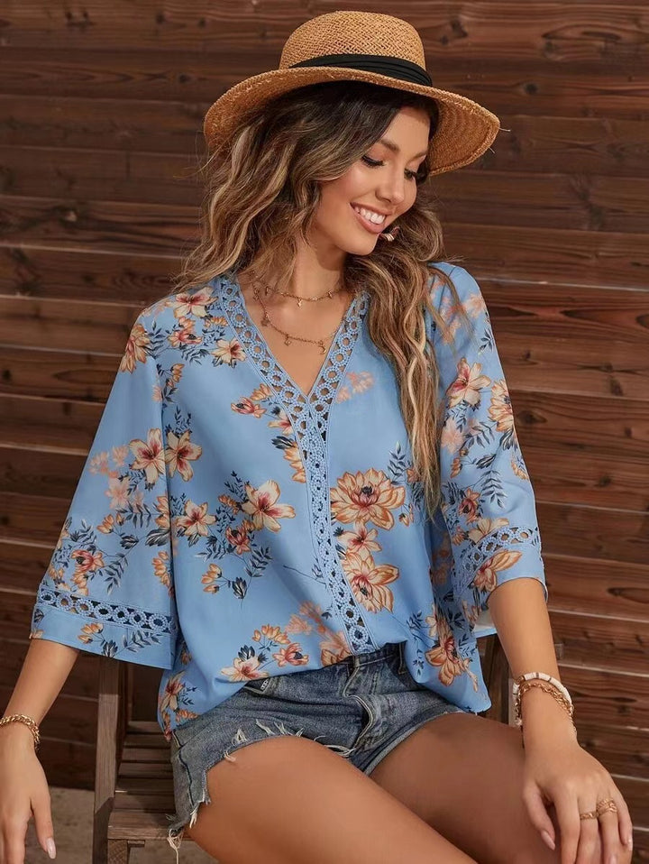 Light Blue Short Sleeve V Neck Floral Top