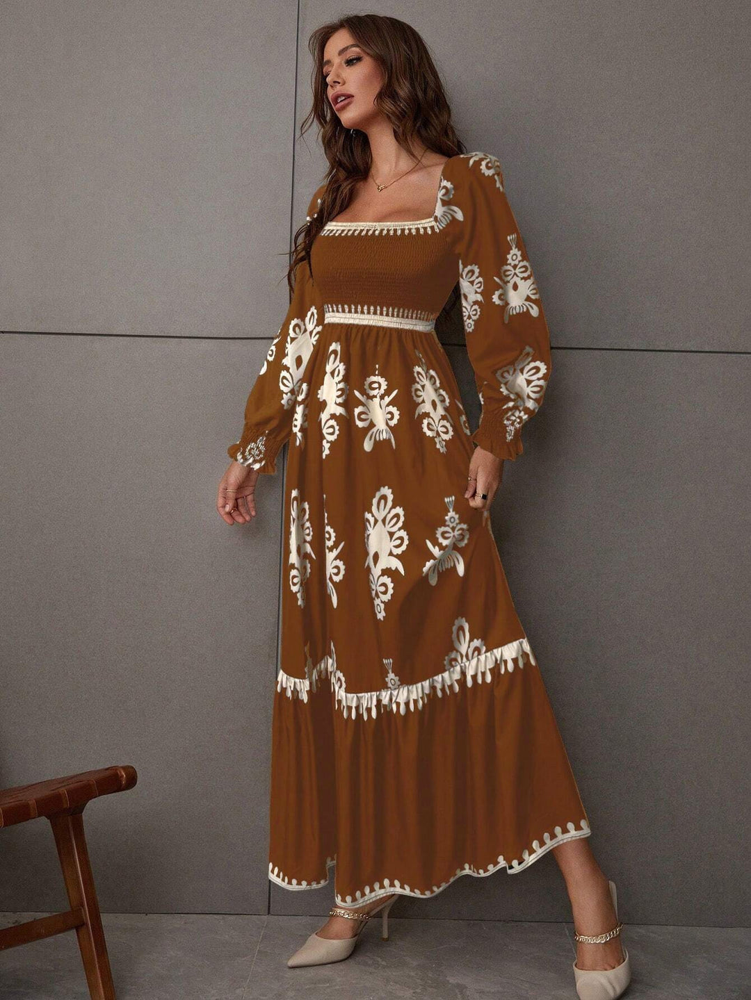 Brown Bishop Sleeve Square Neck Printed Dress