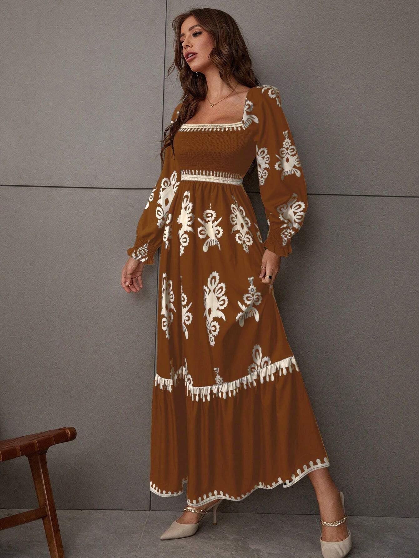 Brown Bishop Sleeve Square Neck Printed Dress