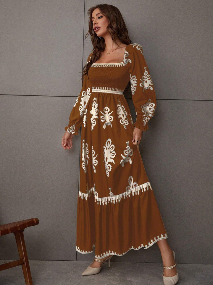 Brown Bishop Sleeve Square Neck Printed Dress