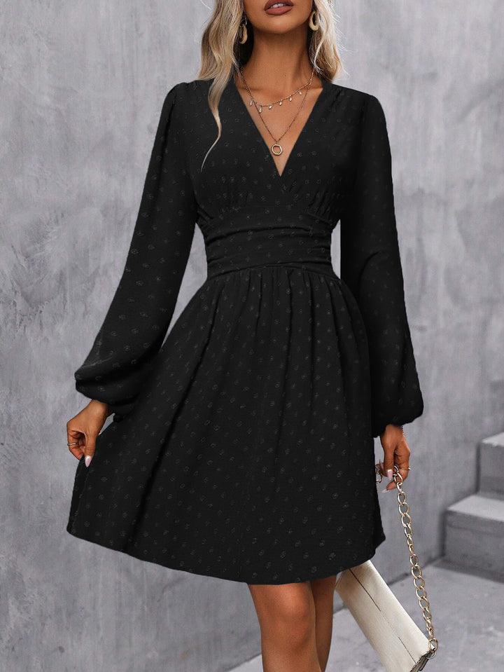 Black Bishop Sleeve V Neck Flared Dress