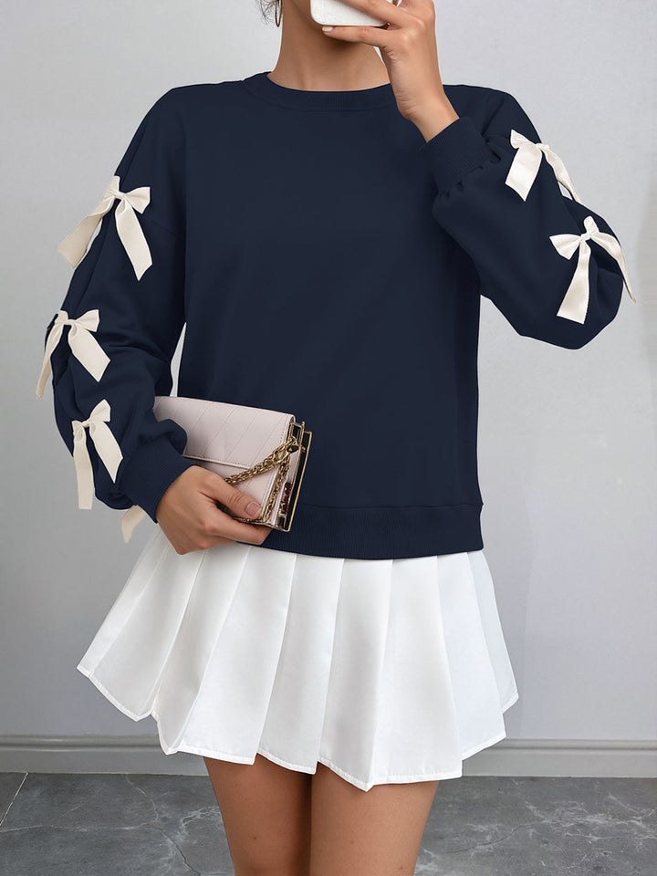 Navy Full Sleeve Bow Trim Sweatshirt