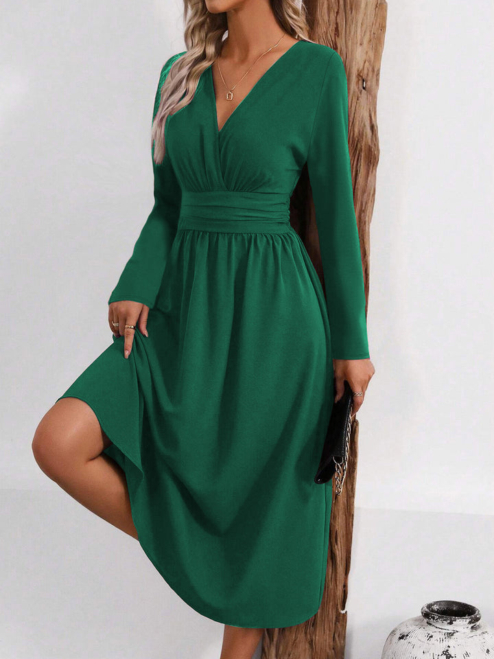 Forest Green Full Sleeve V Neck Flared Dress