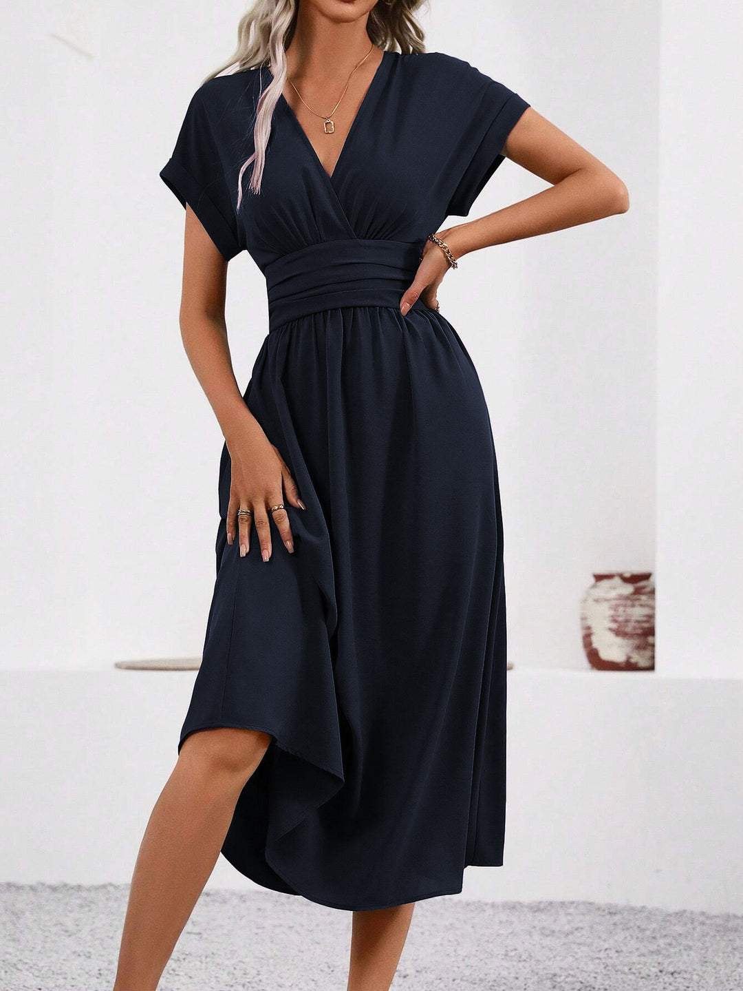 Navy Short Sleeve V Neck Dress