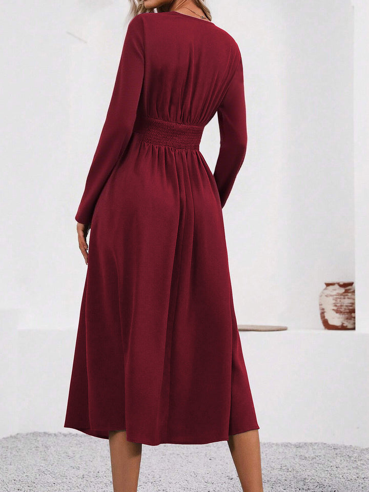 Burgundy Full Sleeve V Neck Flared Dress