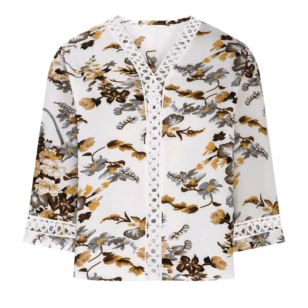 White Short Sleeve V Neck Floral Top