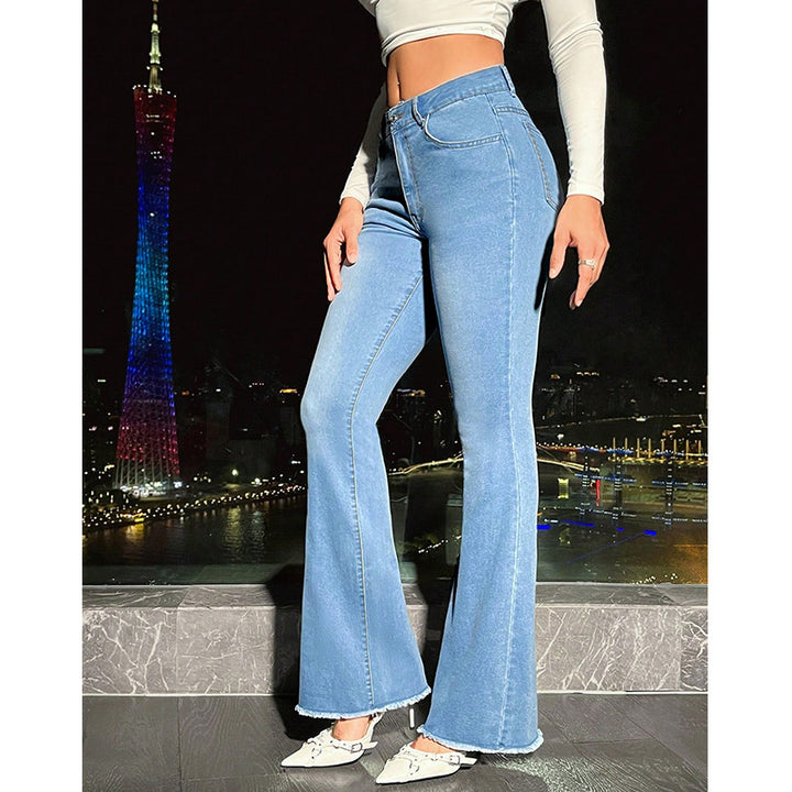 Light Blue Frayed Bottom Hem Flared Fit Denim