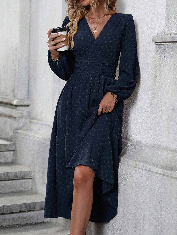 Navy Short Sleeve V Neck Flared Dress
