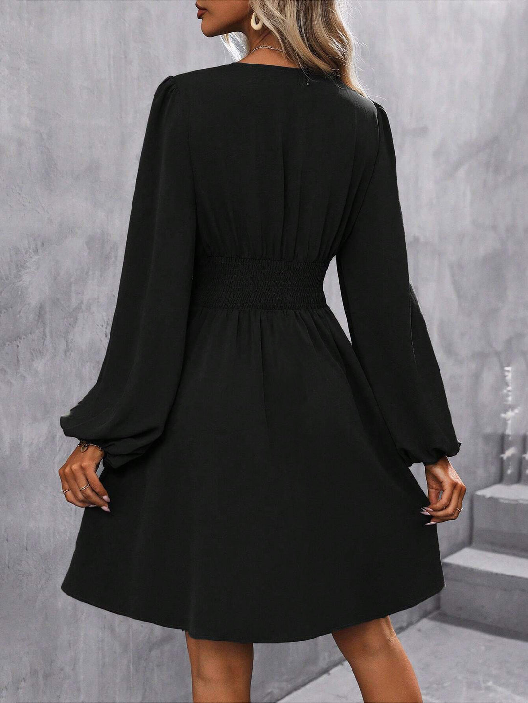Black Bishop Sleeve V Neck Dress