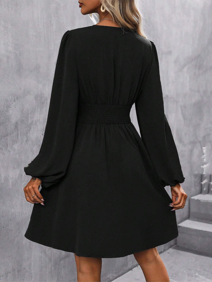 Black Bishop Sleeve V Neck Dress