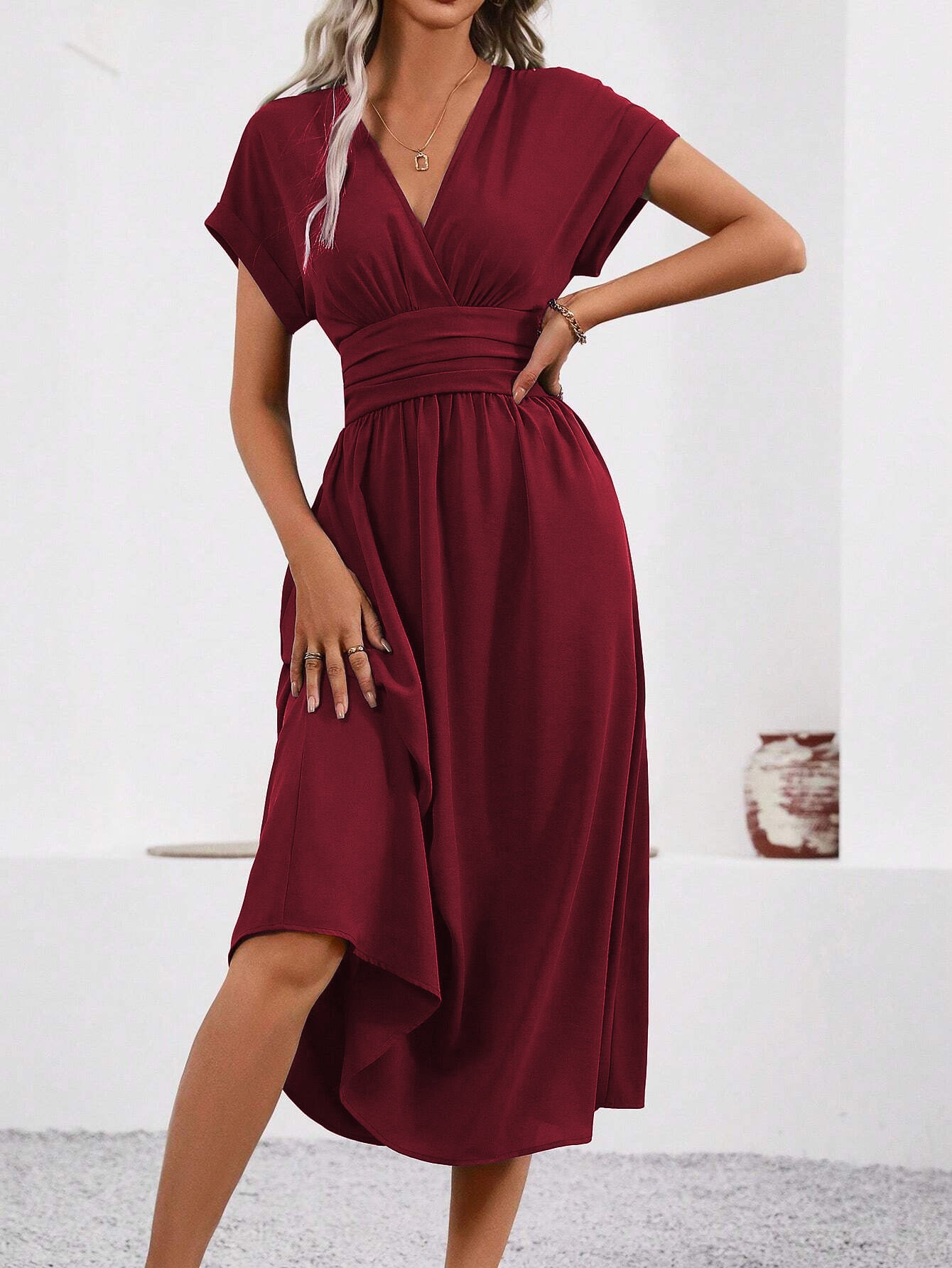 Burgundy Short Sleeve V Neck Dress