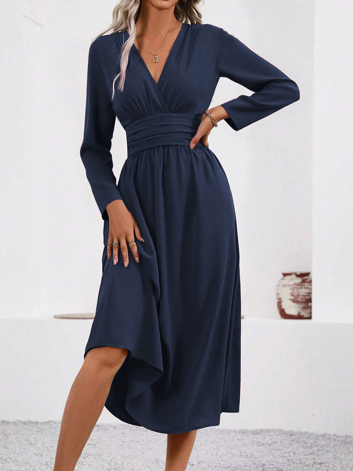 Navy Full Sleeve V Neck Flared Dress