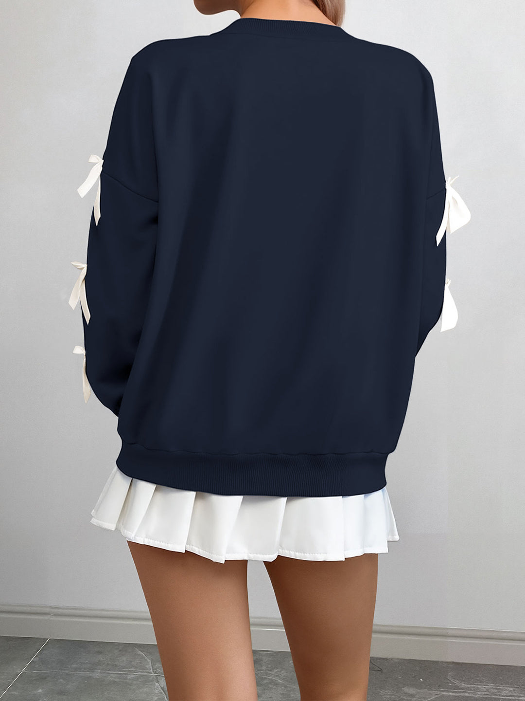 Navy Full Sleeve Bow Trim Sweatshirt