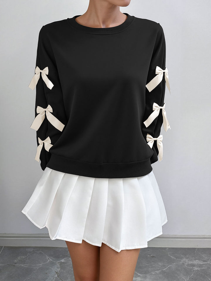 Black Full Sleeve Bow Trim Sweatshirt