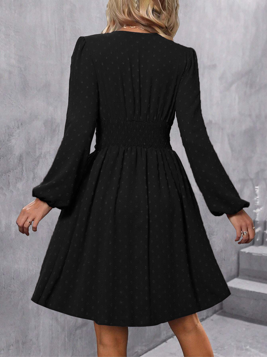 Black Bishop Sleeve V Neck Flared Dress
