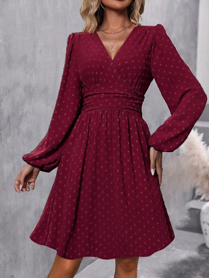 Burgundy Bishop Sleeve V Neck Flared Dress