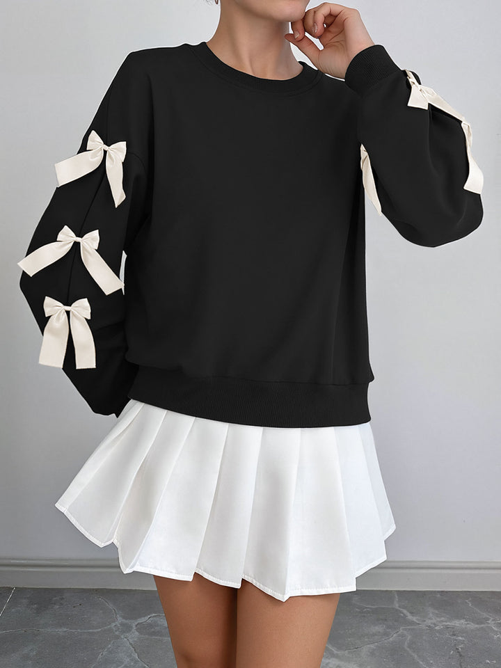 Black Full Sleeve Bow Trim Sweatshirt