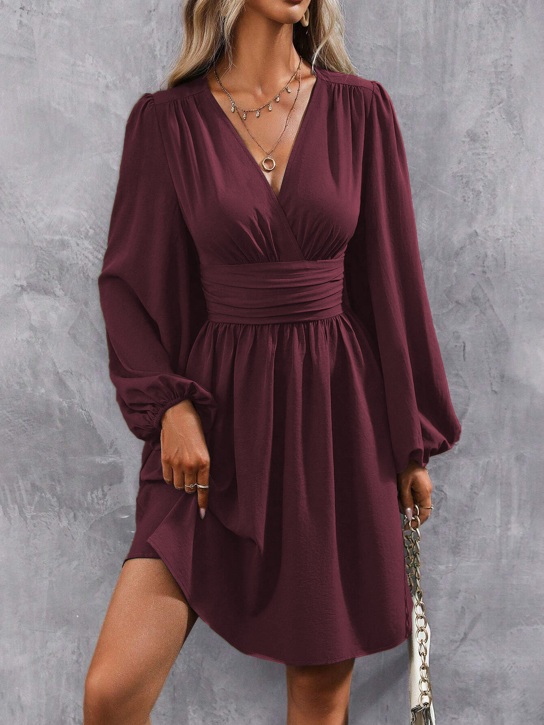 Burgundy Bishop Sleeve V Neck Dress