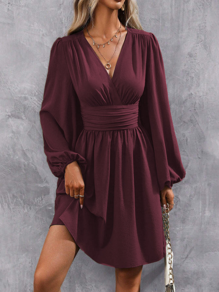 Burgundy Bishop Sleeve V Neck Dress