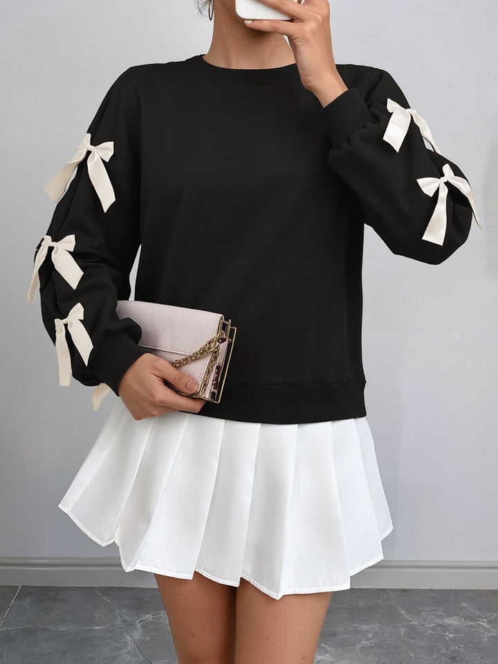Black Full Sleeve Bow Trim Sweatshirt