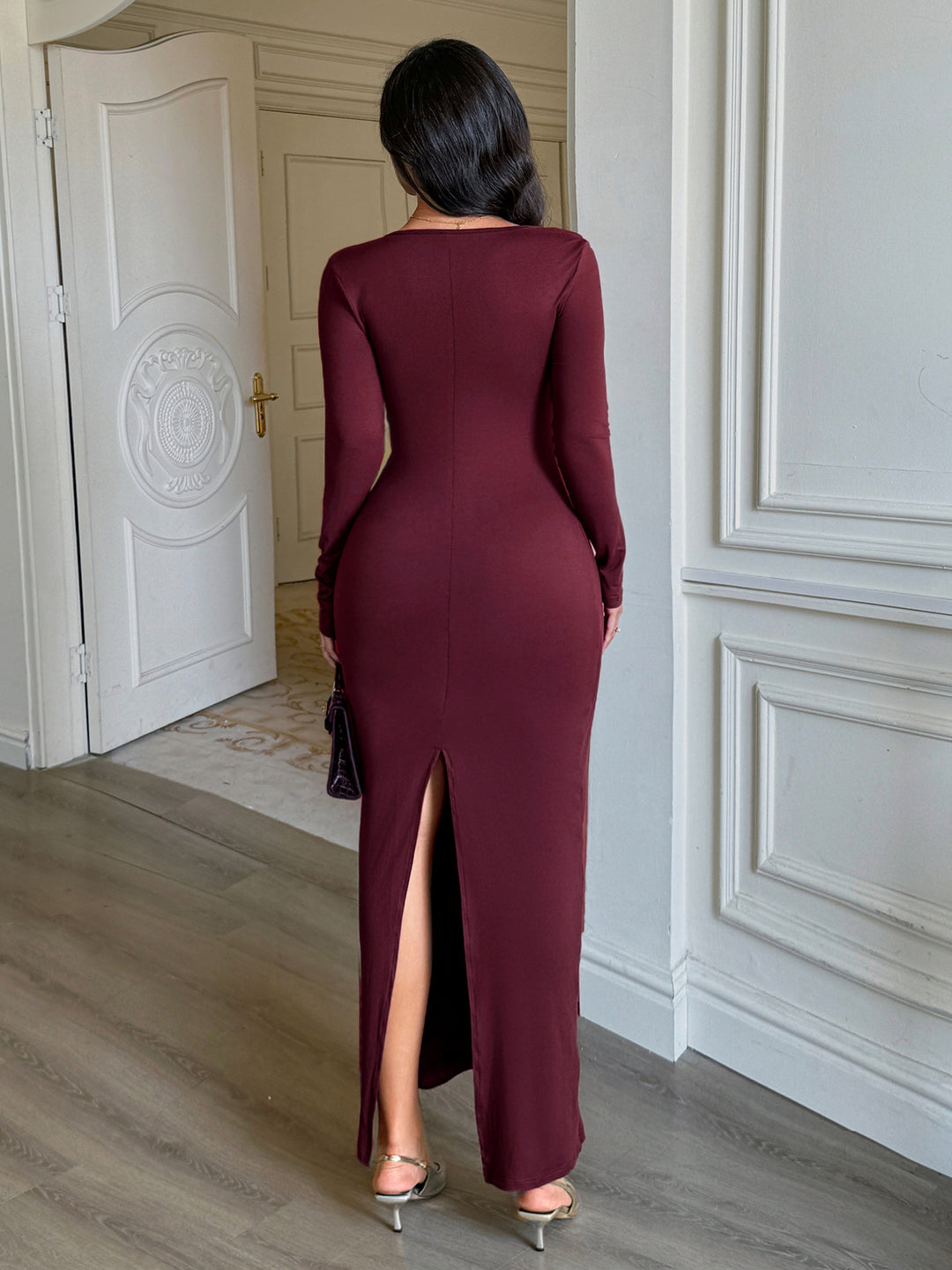 Wine Full Sleeve Waist Detail Dress