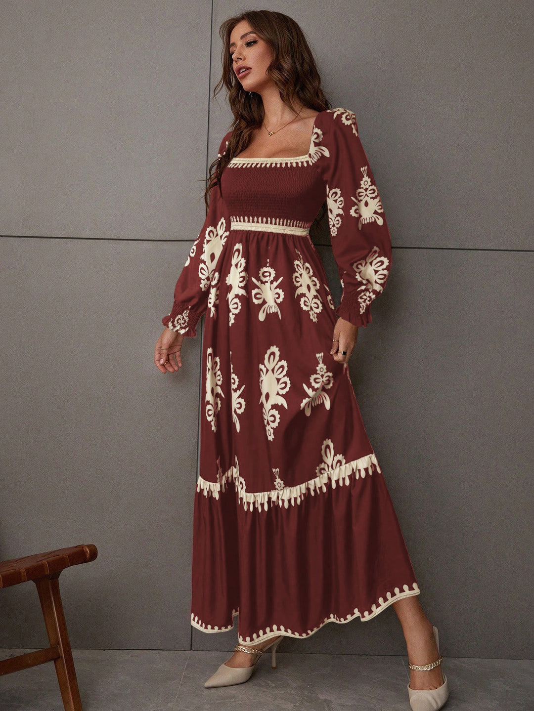 Burgundy Bishop Sleeve Square Neck Printed Dress