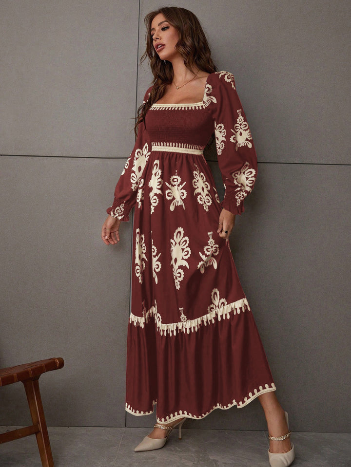 Burgundy Bishop Sleeve Square Neck Printed Dress