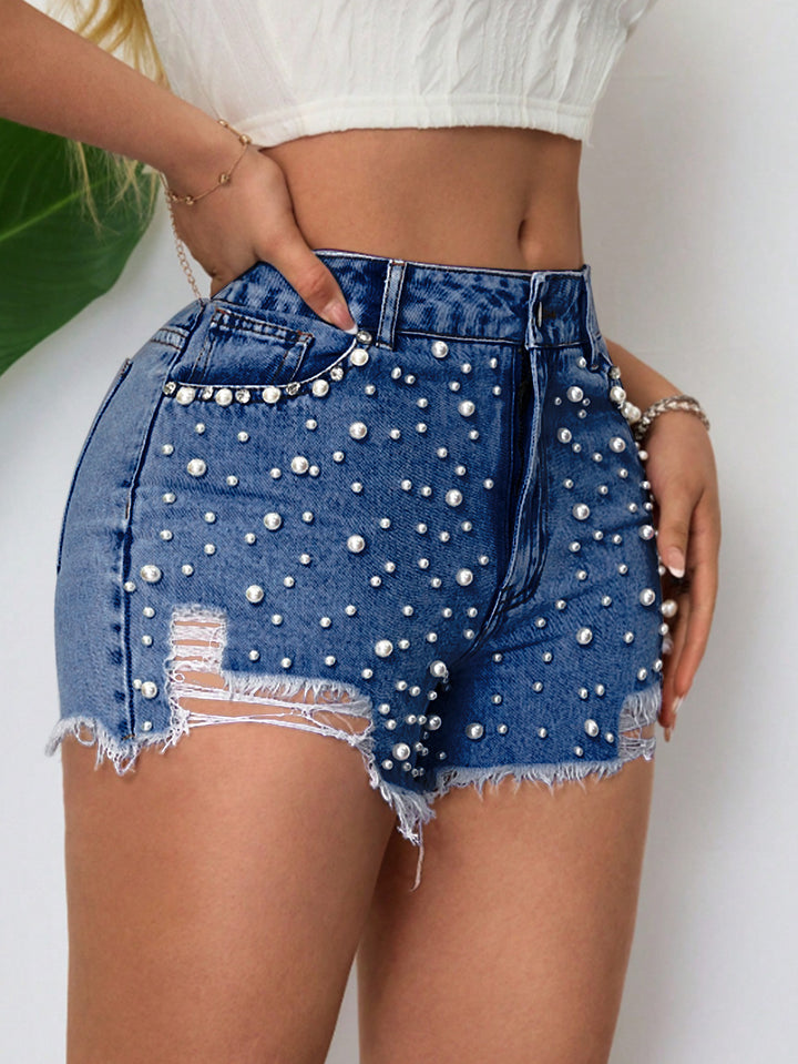 Embellished Distressed Denim Shorts
