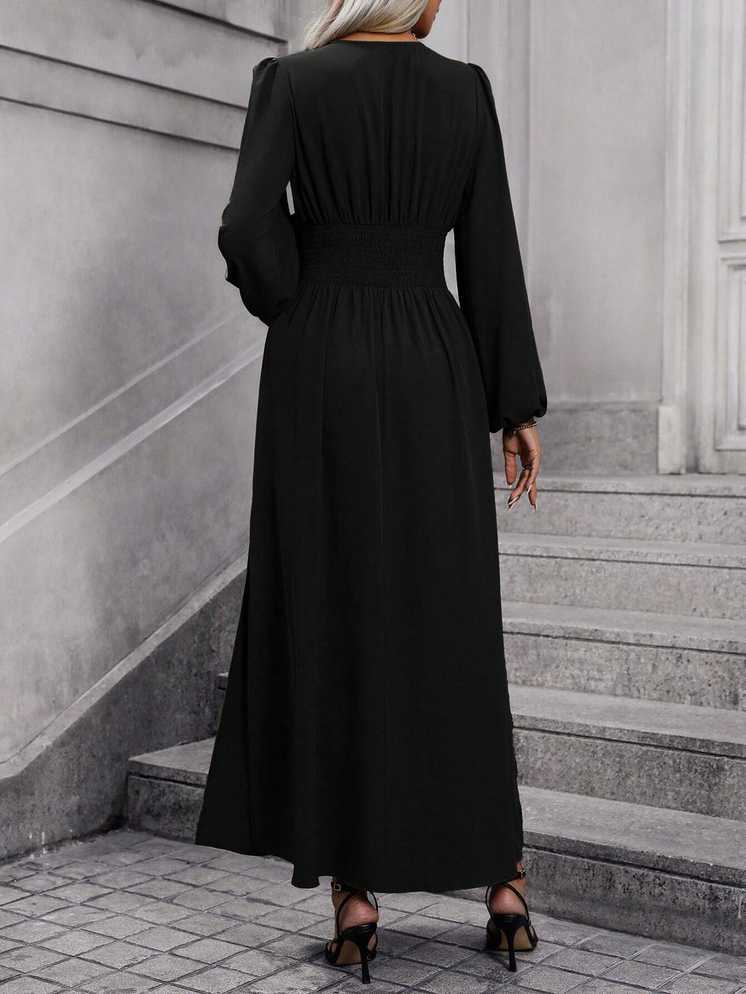 Black Bishop Sleeve V Neck Flared Side Slit Dress