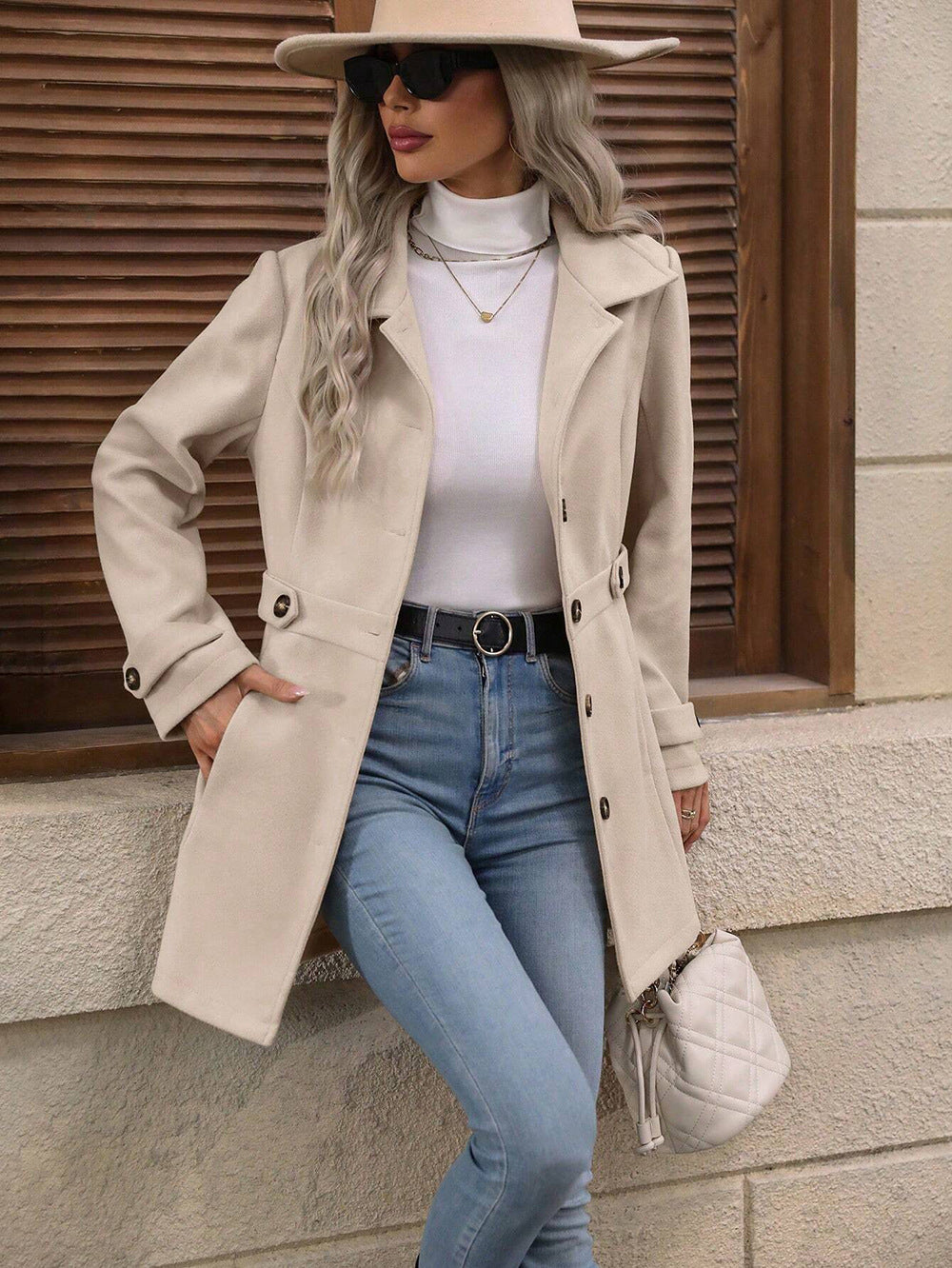 Cream Big Collar Full Sleeve Long Belted Buttoned Coat