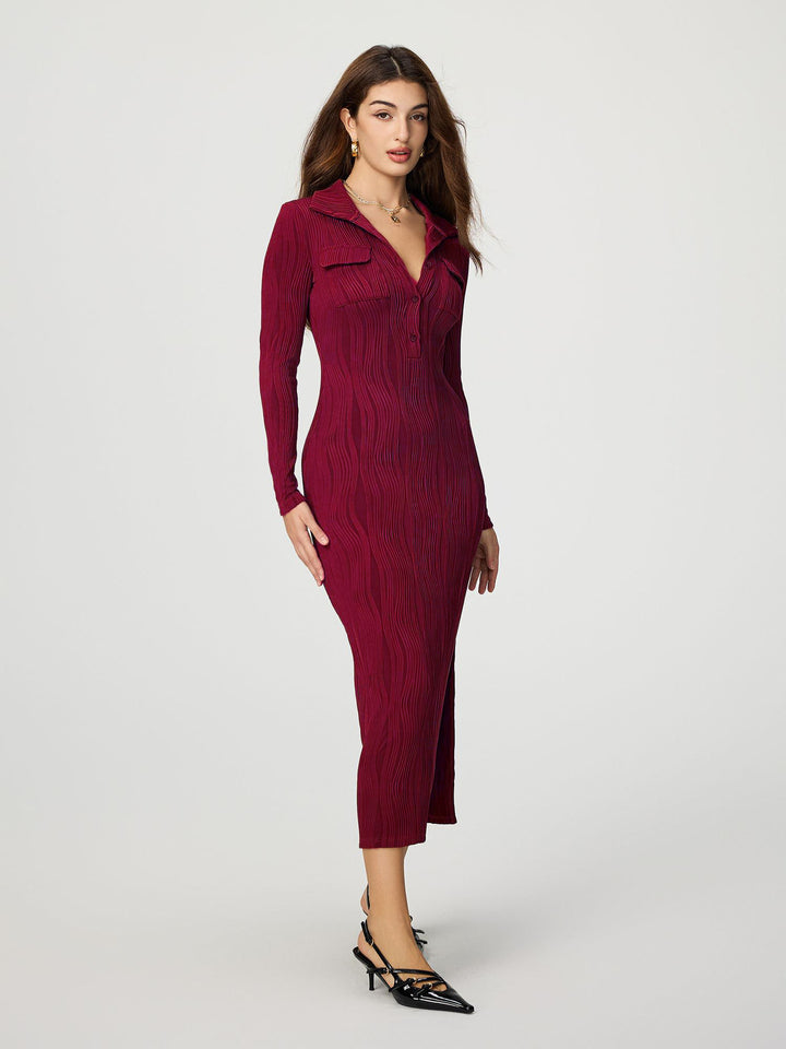 Maroon Full Sleeve Collared Fitted Dress
