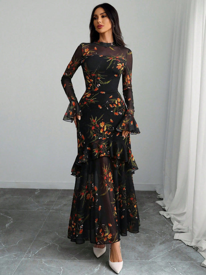 Black Bell Sleeves Printed Tiered Dress