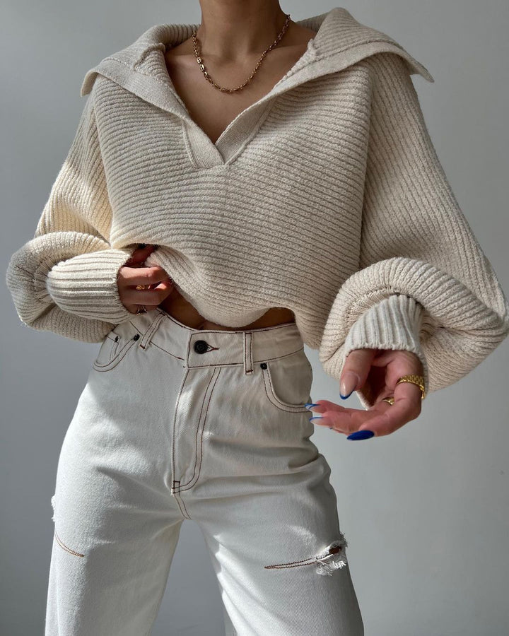 Cream Wide Collared Solid Sweater