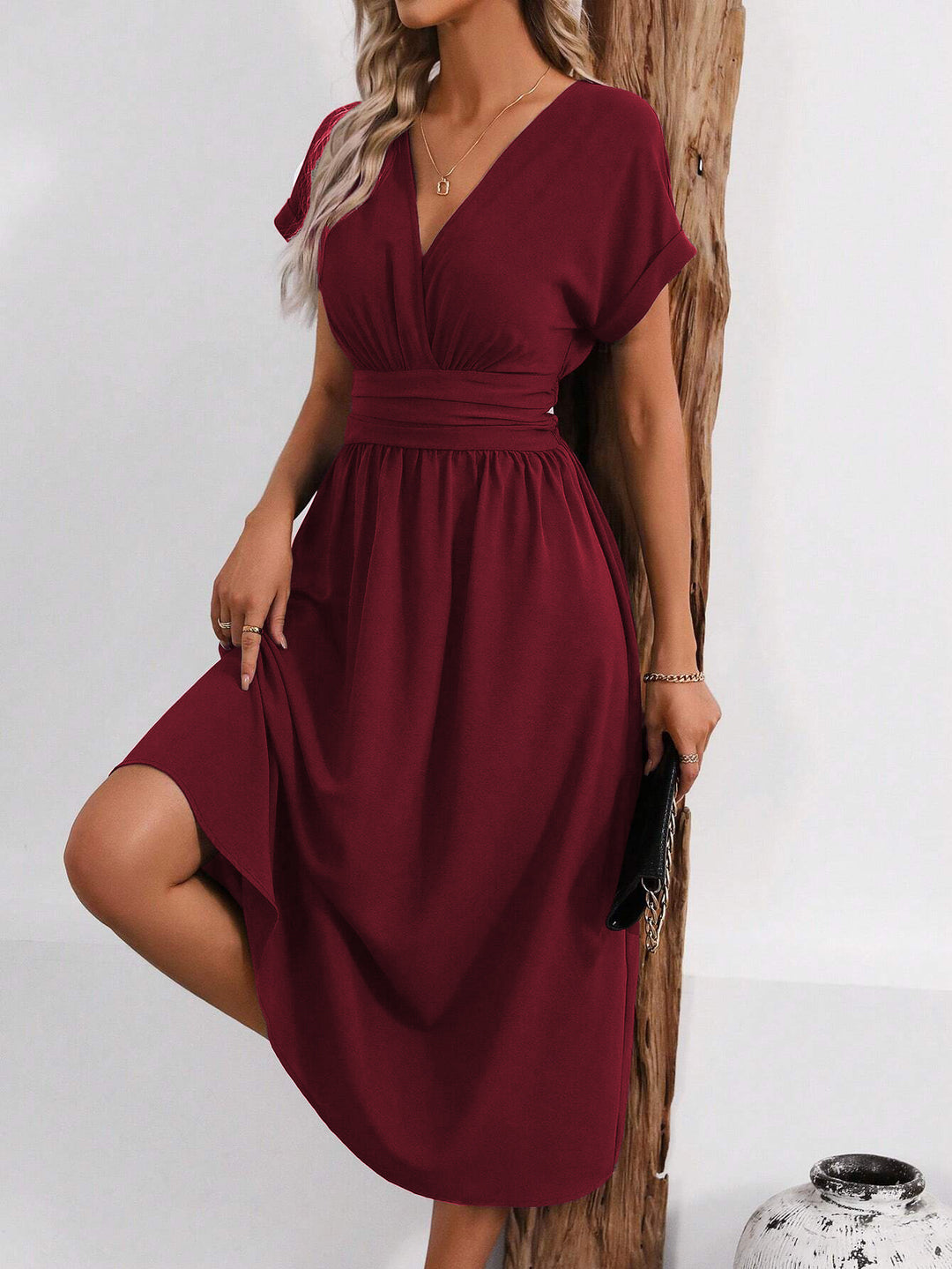 Burgundy Short Sleeve V Neck Dress