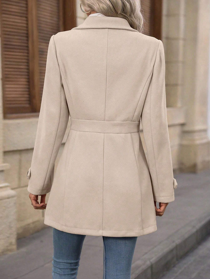 Cream Big Collar Full Sleeve Long Belted Buttoned Coat
