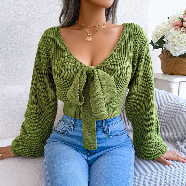 Green Scoop Neck Bow Tie Up Sweater
