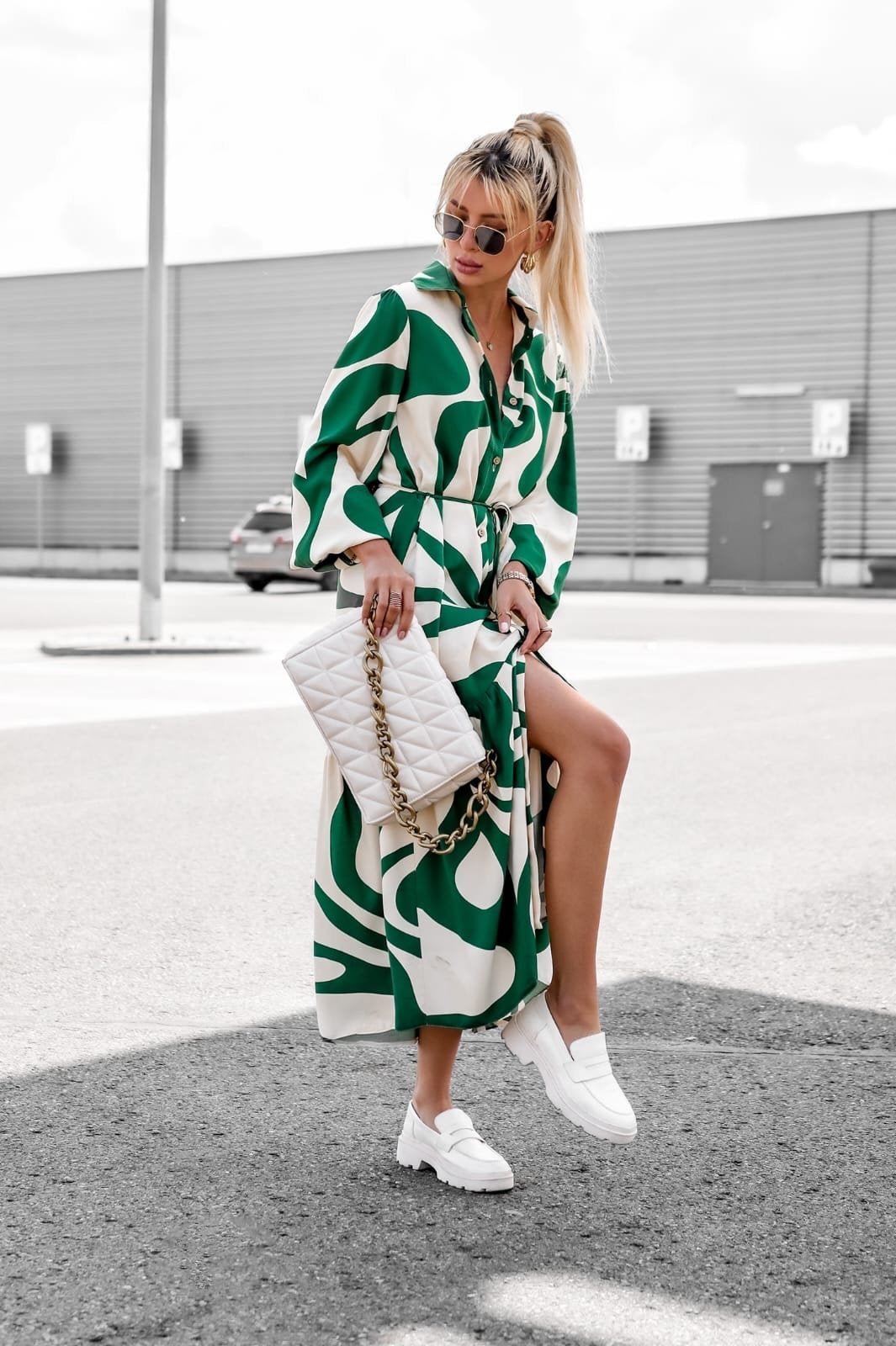 Green Full Sleeve Collared Neck Printed Dress
