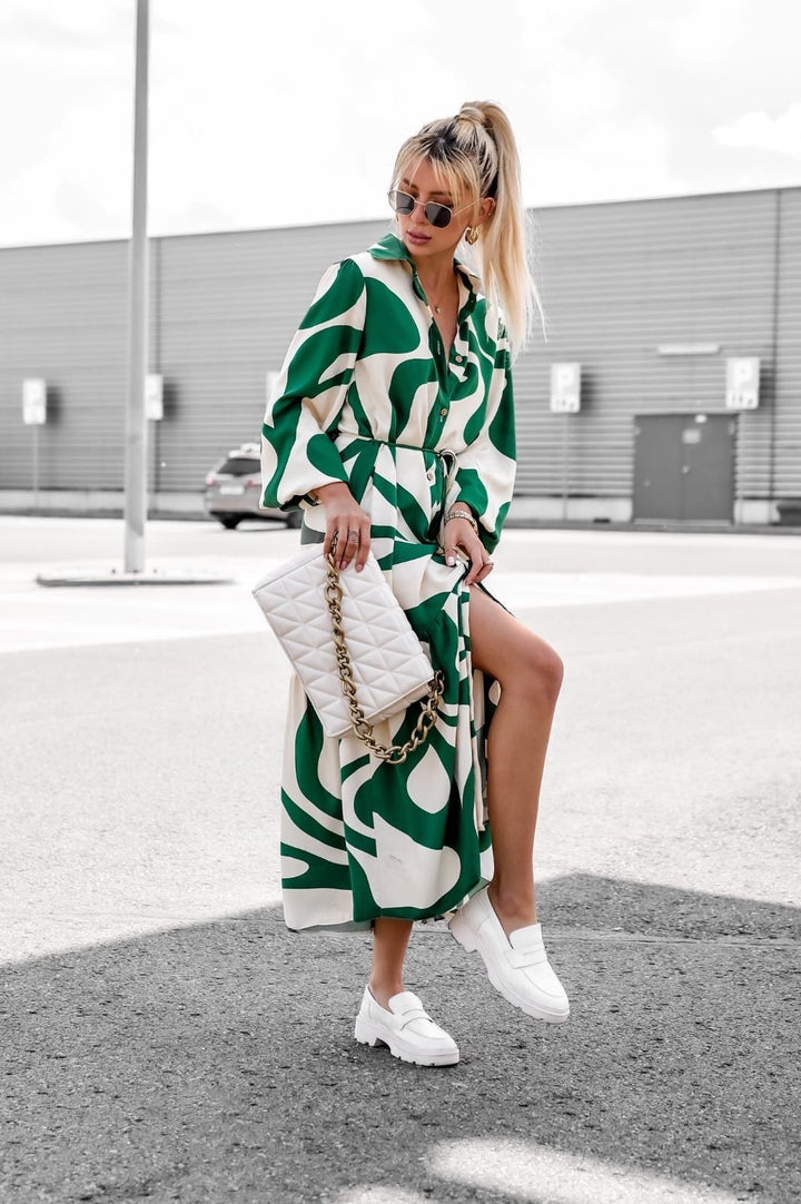 Green Full Sleeve Collared Neck Printed Dress