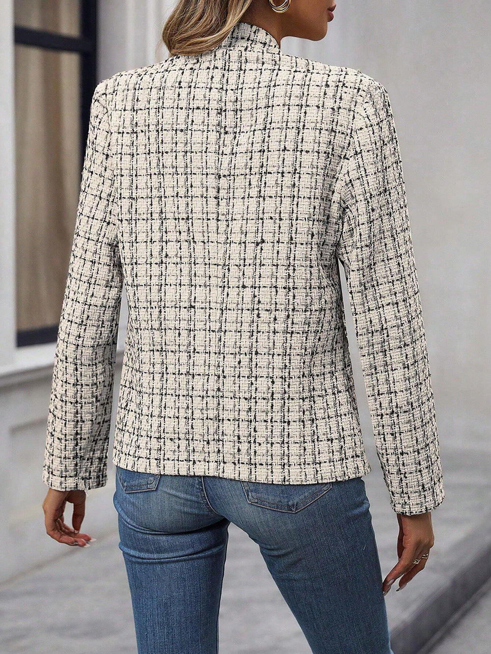 Off-white Full Sleeve Mandarin Collar Tweed Blazer
