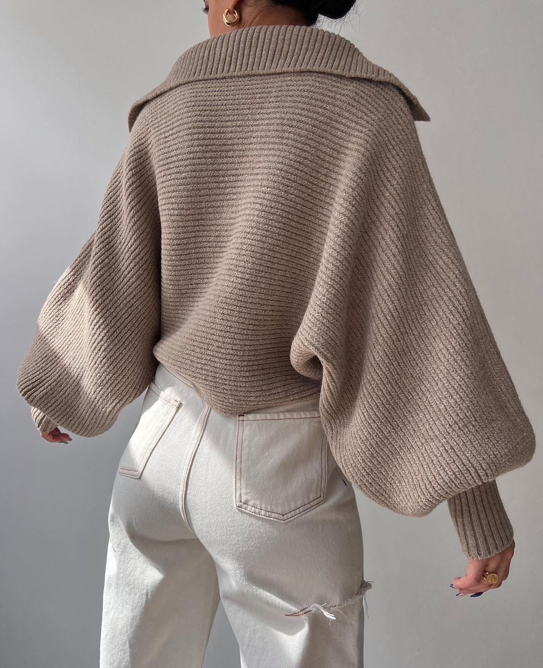 Taupe Wide Collared Solid Sweater