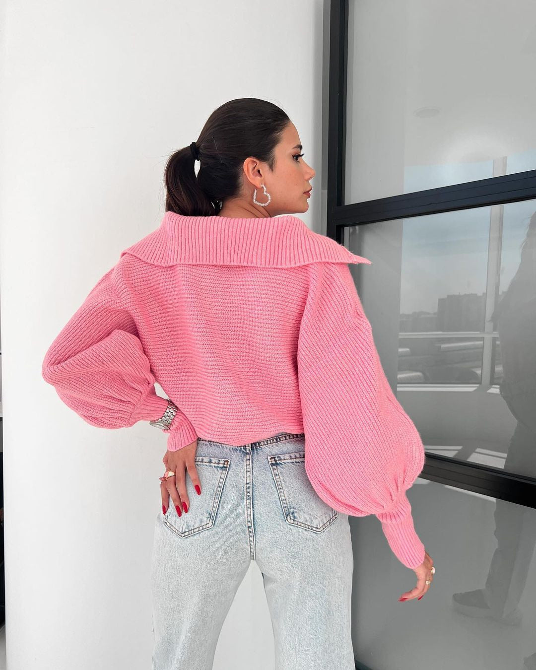Pink Wide Collared Solid Sweater
