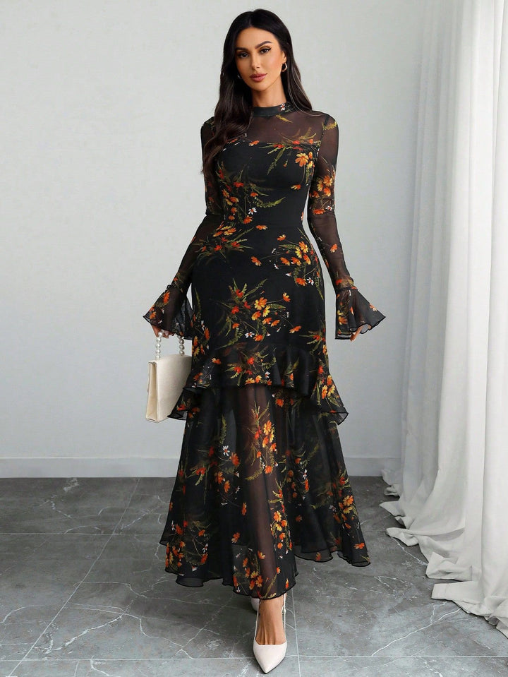 Black Bell Sleeves Printed Tiered Dress