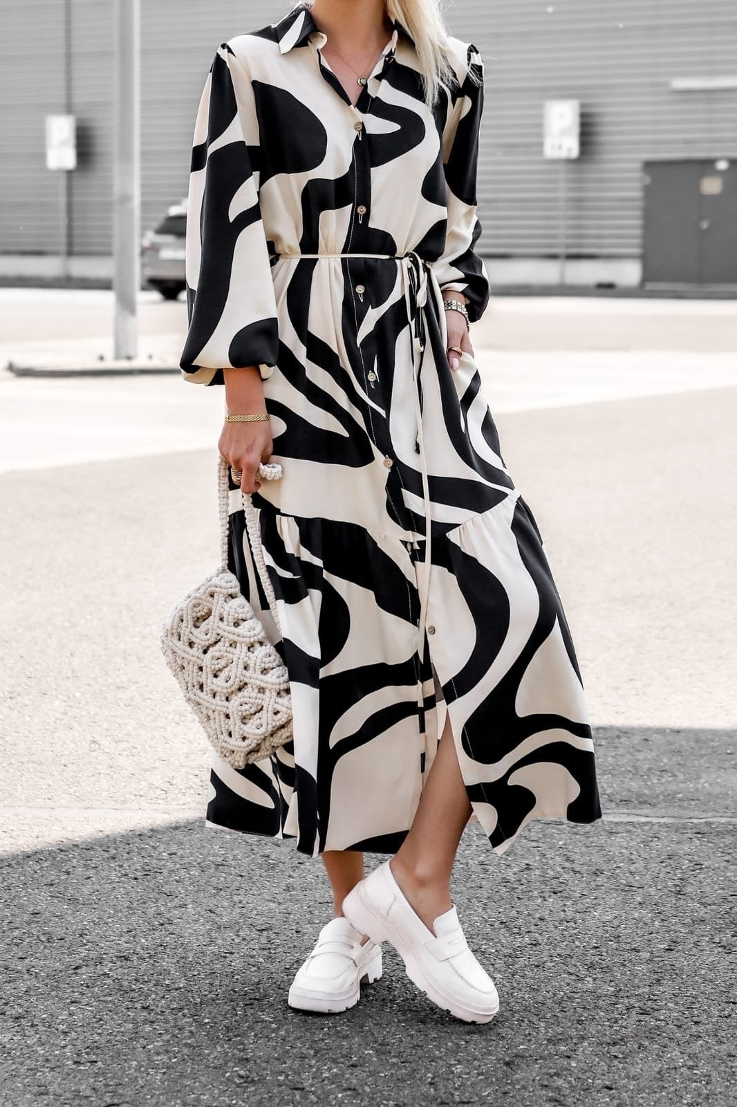 Black Full Sleeve Collared Neck Printed Dress