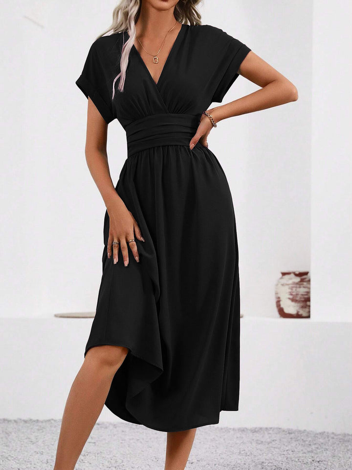 Black Short Sleeve V Neck Dress