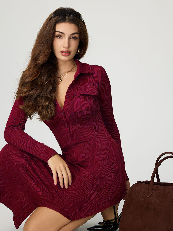 Maroon Full Sleeve Collared Fitted Dress