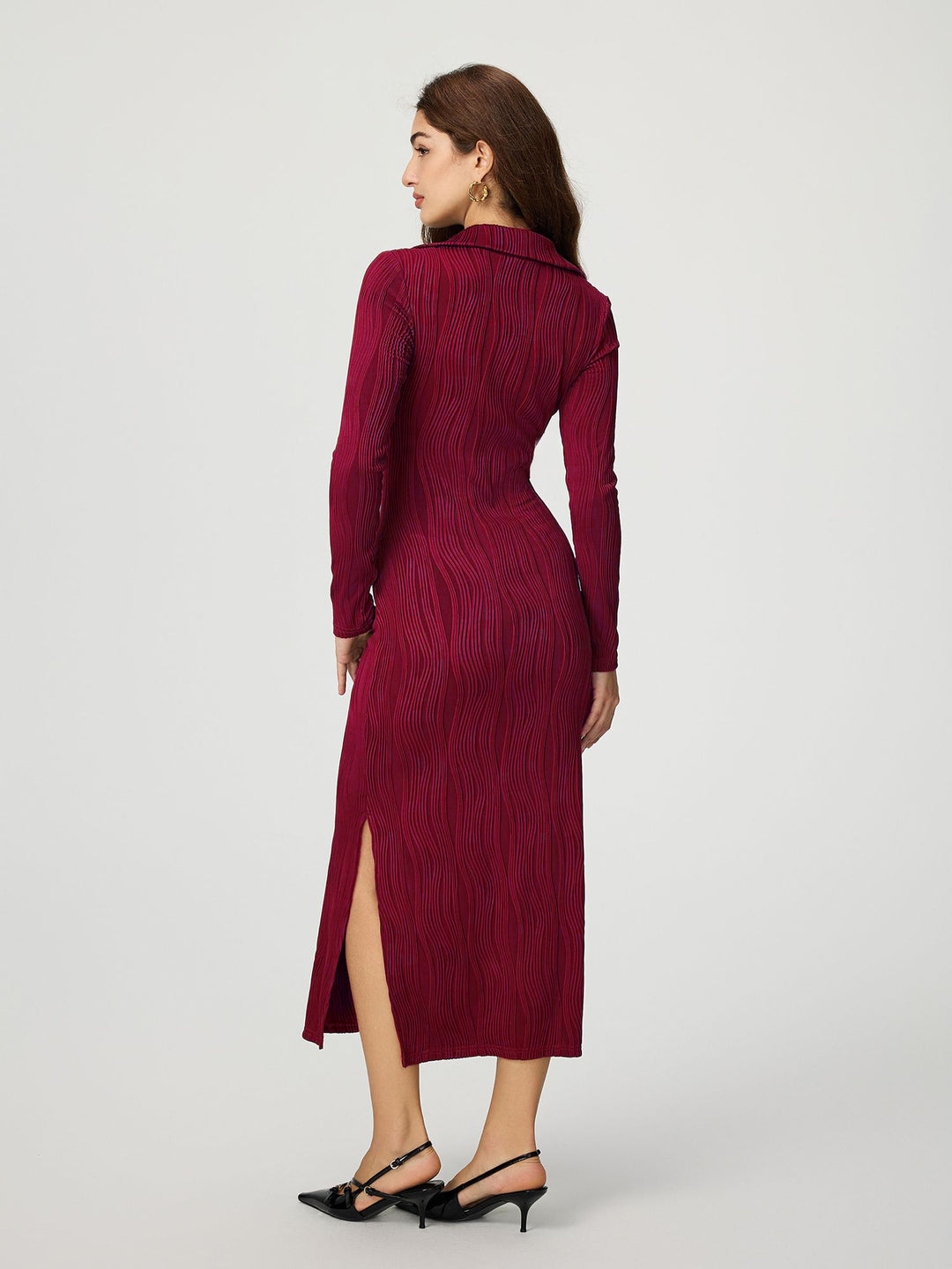 Maroon Full Sleeve Collared Fitted Dress